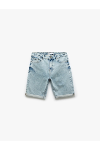 Koton Pamuklu Slim Fit Katlamalı Paça Bermuda Jean Şort Bleach 5sam40002ıd Açık Mavi
