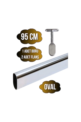 Metal Oval Krom Mobilya Dolap Askı Borusu Krom 95cm Oval 2 Adet Ayaklı Kapalı Flanş-1 Adet Boru Gri