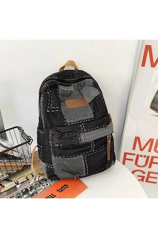 Xinxin Tembel Denim Kolej Tarzı Siyah Okul Çantası