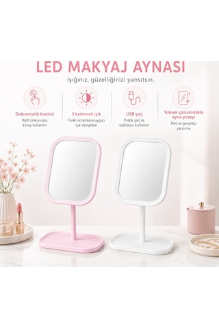 Humas Led Işıklı Masaüstü Makyaj Aynası, Dokunmatik Kontrollü, 3 Işık Modlu, Usb Şarjlı Ayaklı Makyaj Ve Bakım Aynası Pembe