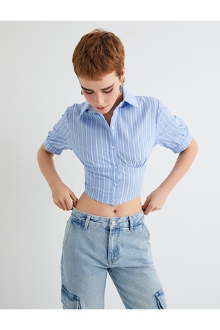 Koton Crop Balon Kol Gömlek Slim Fit Pamuklu Mavi Çizgili 4sal60038ıw 4SAL60038IW6S2 Mavi