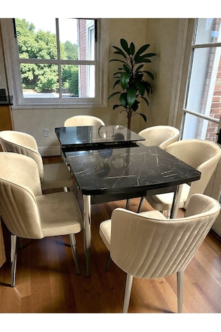 Msy Home 6 Kişilik Exclusive Kelebek Black Marble Krom Ayaklı Modern Yemek Odası Grubu 84512 Bej
