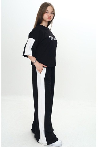 Kız Çocuk %100 Pamuk London Baskılı Oversize Garnili Truvakal Kollu Eşofman Takımı-293-eşt-0010 Siyah