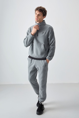 Tommy Life Gri Melanj Yarım Fermuar Dik Yaka Lastik Paça Polar Erkek Eşofman Takımı - 85159 GRİ MELANJ