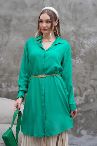 Polologin Butik Yeşili Dökümlü Uzun Gömlek Tunik Yeşil