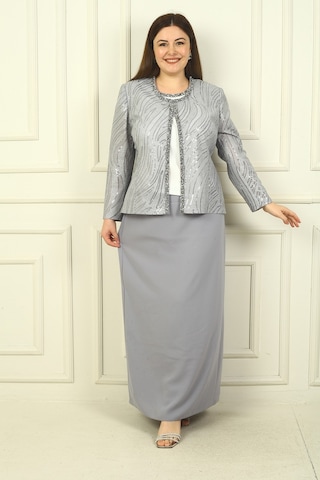 Kadın Pulpayet Ceket Yarım Ay Kollu Bluz Astarlı Krep Uzun Etek Büyük Beden 3'lü Takım Gri
