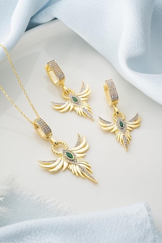 Tr 925 Ayar Gümüş Zümrüdüanka Kolye Küpe Seti, Kadın, Gold Genel