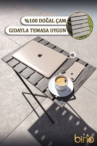 Bino Katlanır Yükseklik Ayarlı Ahşap Kamp Masası Piknik - Balkon - Mutfak Masası Siyah