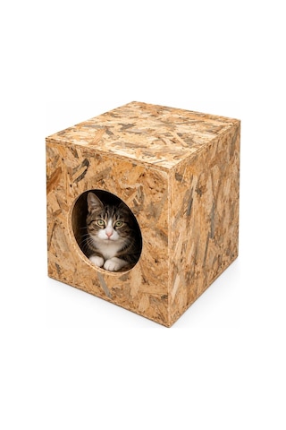 Reyo 43x41x29 cm Orta Boy Kedi Evi Ahşap Kedi Barınağı, Sokak Kedileri İçin Yağmur ve Su Geçirmez OSB CAT03