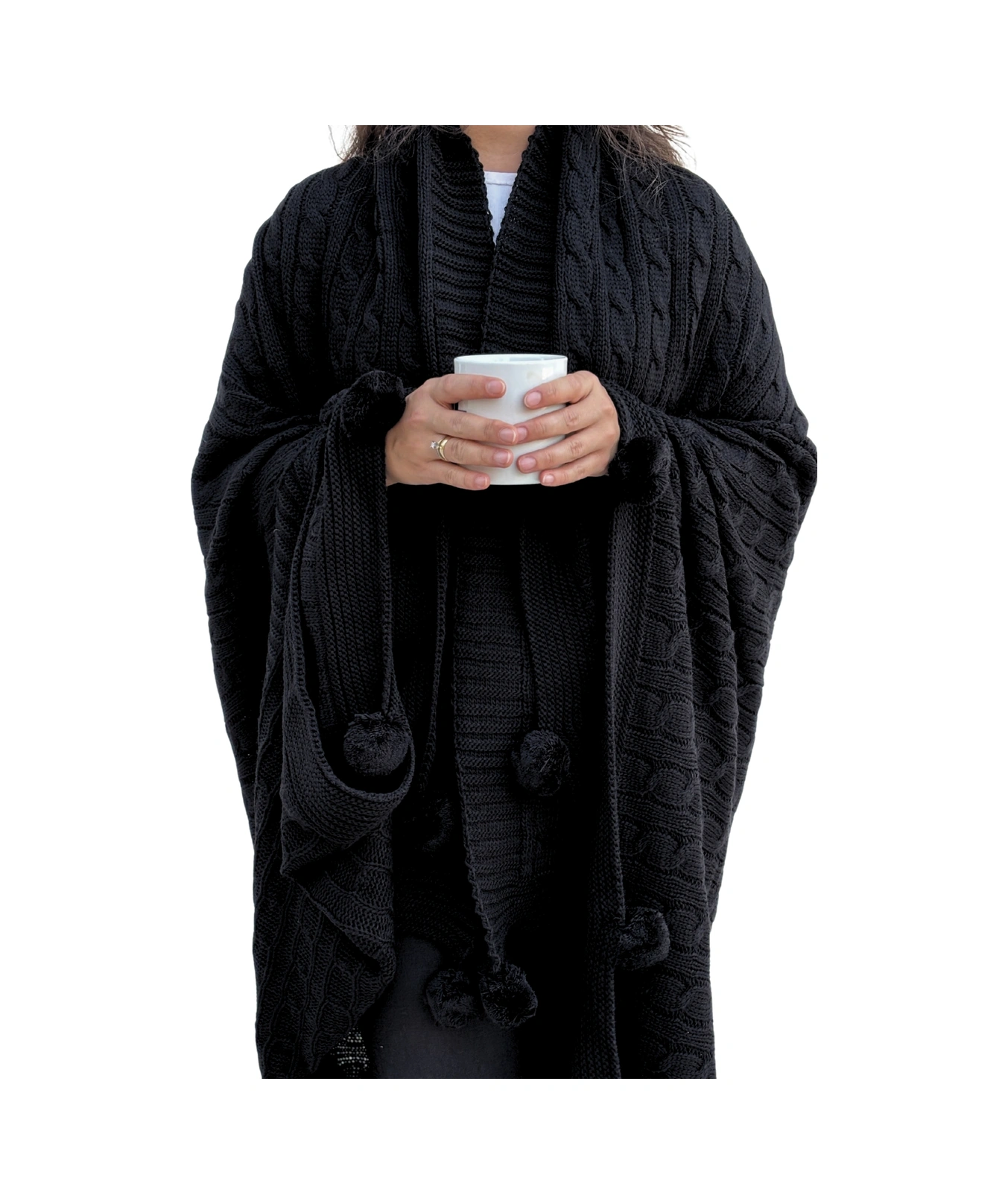 Ponponlu Triko Örme Tv Battaniyesi Örgü Koltuk & Omuz Şalı & Diz Battaniyesi 130x170 Cm-siyah Sıyah Siyah