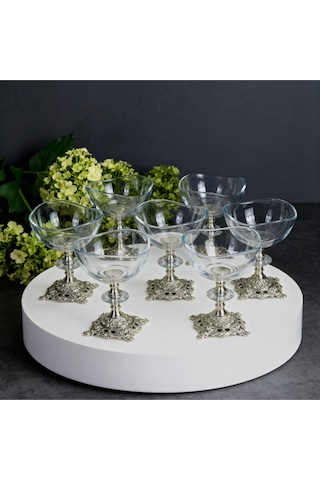 Elta Collection 6 Adet Metal Ayaklı Gümüş Detaylı Vira Magnolia-kase-dondurmalık-şekerlik Gri