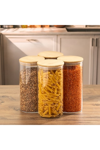 Porsima 417 4lü 1300 Ml Bambu Vakumlu Kapaklı Cam Kavanoz Seti Saklama Kabı 10x20cm Şeffaf
