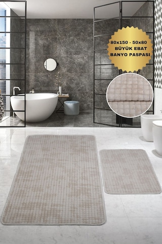 Kare Plus Krem Büyük Ebat 80x150 + 50x80 Cm 2'li Banyo Paspası Yıkanabilir Klozet Takımı Krem