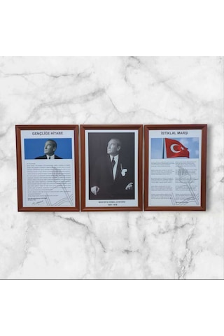 Atatürk-gençliğe Hitabe-istiklal Marşı Mdf Portre Tablo Köşe 3 Lü Set 35x50cm