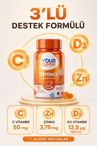 Y'our Gummie Defence C Vitamini Çinko ve D3 Gummies Portakal Aromalı 60 Gummies
