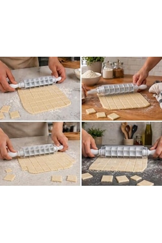 Kare Mantı Kesme Aparatı Hamur Kesici Merdane Çoklu 7 Bıçaklı Hamur Bölücü Mantı Ravioli Erişte Kesici Mutfak Hamur Şekillendirici Pratik Kesim Aracı Dayanıklı Plastik Ergonomik Saplı
