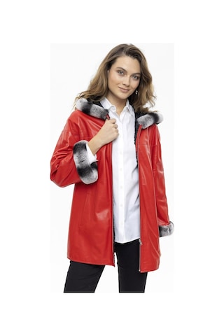Kırmızı Perla Geniş Kesim İçi Kumaş Çift Taraflı Kapüşon Ve Kol Ağzı Kürklü Kadın Hakiki Deri Kaban-kırmızı Kırmızı