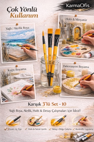 3 Lü Karışık Boya Fırça Seti Set 10 Yuvarlak, Yan Kesik Ve Düz Uçlu Profesyonel Hobi Fırçası