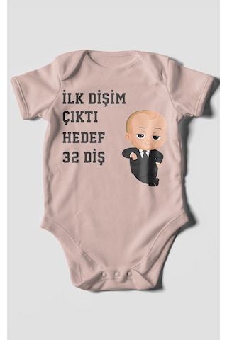 Morivokids İlk Dişim Çıktı Hedef 32 Diş Kısa Kollu Bebek Body Pastel Pembe