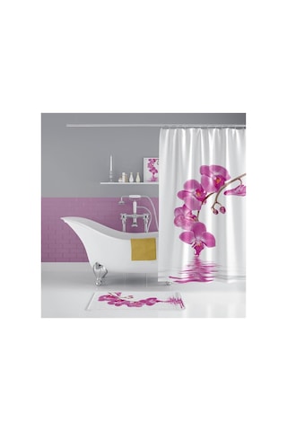 Orkide Desen Banyo Perdesi, Baskılı Paspas Takımı, Tek Kanat Su Geçirmez Banyo Perdesi Paspas Seti Çok Renkli