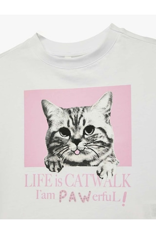 Koton Kedi Baskılı Ekru Kız Çocuk T-shirt 6skg10105ak Ekru