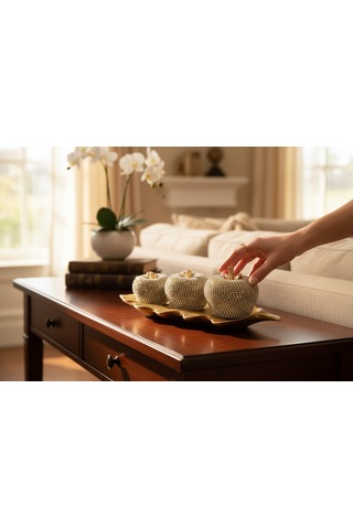 Frefly Store 3'lü Altın Renk Ve Taş Süslemeli Armut Biblo Seti