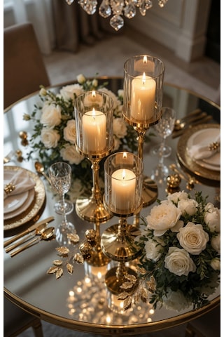 Lumina Gold Royale Şamdan Seti Sırasıyla 39 - 34 - 29cm / Dekoratif Masa Şamdanı Salon & Yemek Masası Mumluk Eskitme Gold