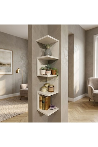 Bicabin Bicabin Dekoratif Ahşap Modern Zigzag Köşe Duvar Rafı Organizer