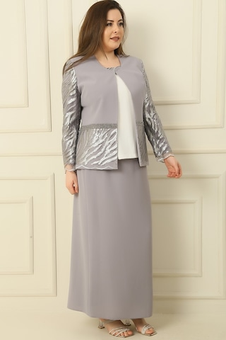 İçi Yarım Ay Kol Bluz Pul Nakışişlemeboncuk Detaylı Ceket Etek Astarlı Büyük Beden 3'lü Takım Gri