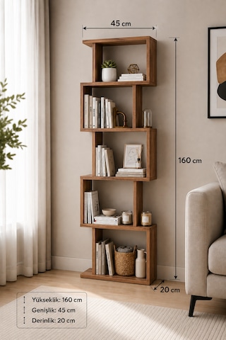 Tulsa Ceviz Rengi Dekoratif Kitaplık Ve Çok Amaçlı Raf Ünitesi Modern Salon Ve Ofis Kitaplığı