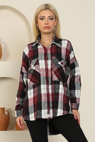 Nurneva Oduncu Kumaş Ekose Desen Oversize Gömlek Bordo-bordo Bordo