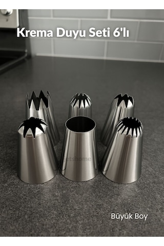Büyük Boy 6 Lı Yıldız Uçlu Krema Duy Seti Metal Pasta, Cupcake Ve Kurabiye Krema Duyu Süsleme Ucu Metalik Gri