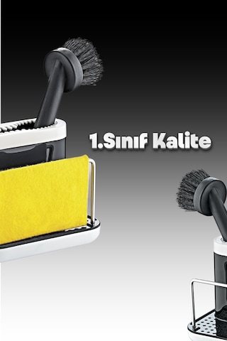 Grimorlife Fırçalı Telli Mutfak Seti Siyah- Standlı Plastik Mutfak Lifli Sünger Hediyeli Siyah