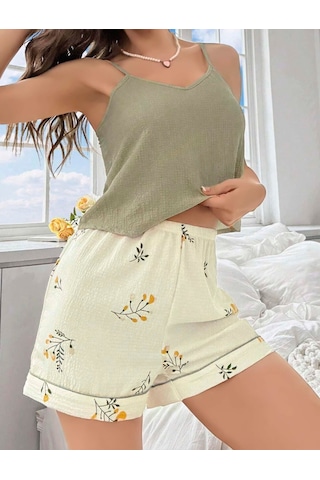 Kadın Ekru Çiçek Baskılı Şortlu Gecelik Pijama Takımı 5099 Ekru