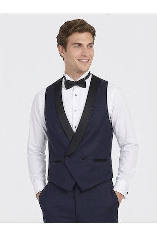 Saks Fitted Fit Şal Yaka Klasik Yelek Saks