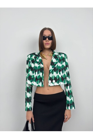 Yeni Sezon Desenli Simetrik Katlamalı Yaka Tek Düğme Crop Kadın Blazer Ceket 24s08012 Yeşil
