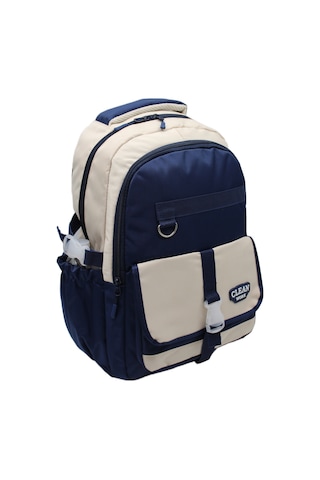 26012 Çok Bölmeli Bej-lacivert Okul Sırt Çantası Unisex Okul Çantası