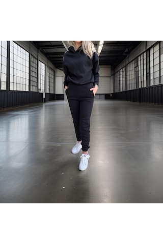 Ceyss Design Oversize İki İplik Şardonlu Beli Lastikli Kadın Eşofman Takımı-siyah Siyah