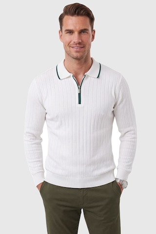 Rizzup Erkek Slim Fit Tüylenmeyen Çizgi Dokulu Beyaz Triko Kazak Fermuarlı Polo Yaka 2700401