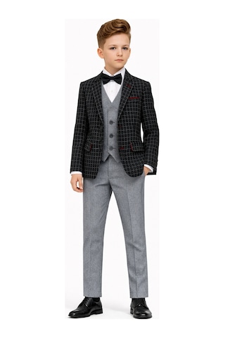 Ahengim Erkek Çocuk Slim Fit Dokulu Çizgili Spor Takım Elbise Ak195-196 Siyah