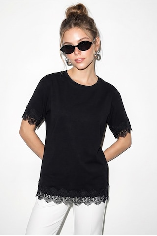 Shade Kadın Bisiklet Yaka Dantel Detaylı Oversize T-shirt 2134 60286120 - Siyah