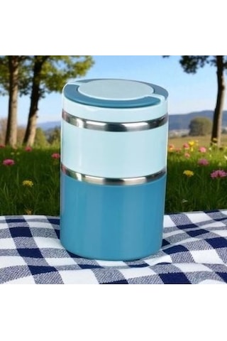 Tohana Kulplu Çelik Sefer Tası - Yemek Termosu Saklama Kabı 2 Katlı Mavi 930 Ml. Mavi