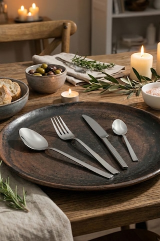 Gökdil Asya Silver 24 Parça 6 Kişilik Sade Çatal & Kaşık & Bıçak Yemek Takımı Ekru