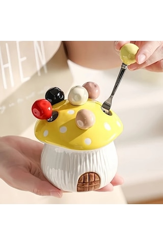 Trendooze 7 Parça Turuncu Seramik Mantar Çatal Seti 304 Paslanmaz Çelik Meyve Pasta Çatalı Turuncu Turuncu