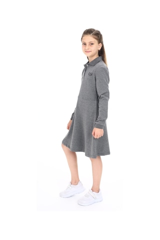 Toontoy Kız Çocuk Polo Yaka Çıtçıtlı Göğsü Baskılı Elbise Antrasit Melanj