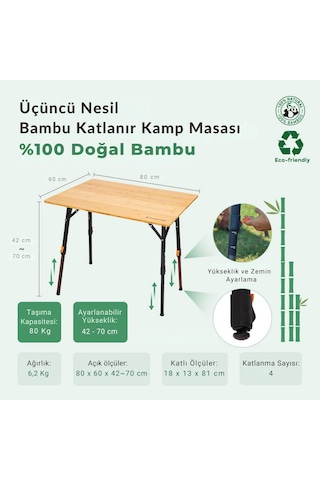 Kingcamp Bamboo All-terrain M 80x60 Bambu Kamp Masası Ahşap - Siyah