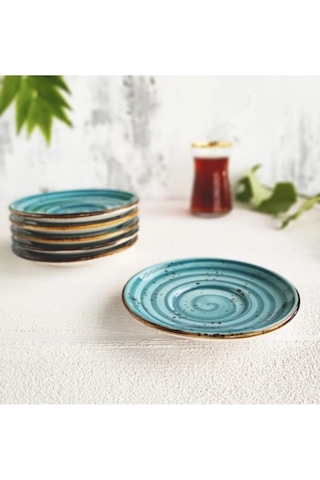 Madam İzmir Winter 6'lı Siyah Çay Tabağı - Modern Spiral Desenli Şık Sunum Tabağı Turkuaz