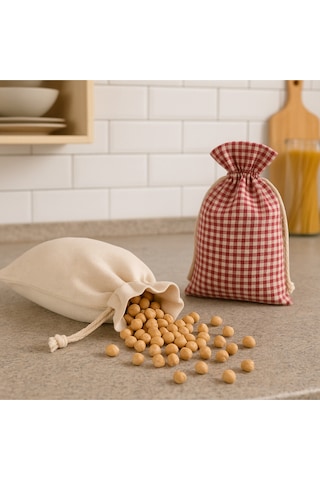Kuru Gıda Ve Kahve Saklama Kesesi 3 Lü Set Pamuklu Büzgülü Kumaş Kese Bej