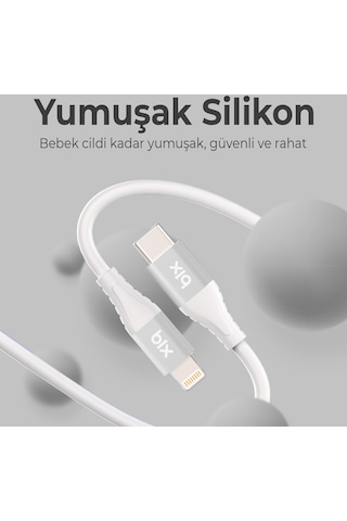 Bix BXSC1CL 60 W Type-C Lightning Silikon Şarj Data Kablosu Beyaz