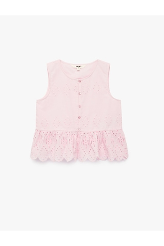 Koton Fırfırlı Bisiklet Yaka Brodeli Pamuklu Bluz Pembe 6skg60049aw Gül